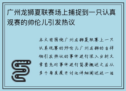 广州龙狮夏联赛场上捕捉到一只认真观赛的帅伦儿引发热议