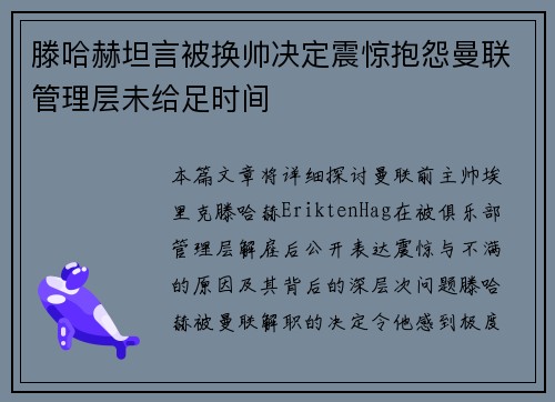 滕哈赫坦言被换帅决定震惊抱怨曼联管理层未给足时间